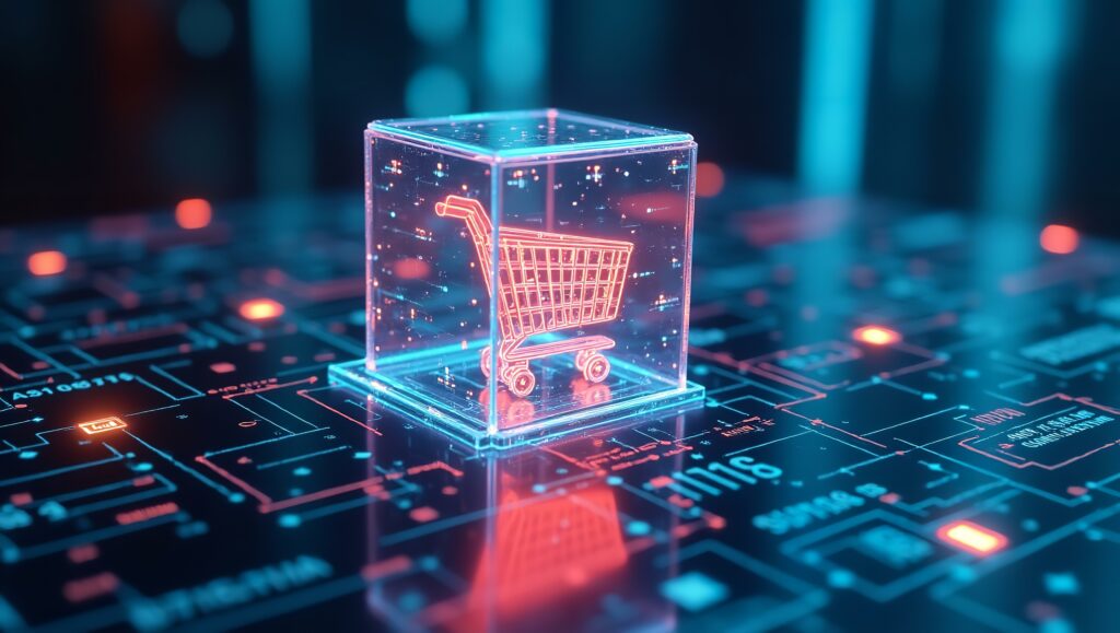 Futuristic e commerce technology – online shopping, digital transactions, secure payments, ai retail, blockchain marketplace – high resolution 300 ppi image